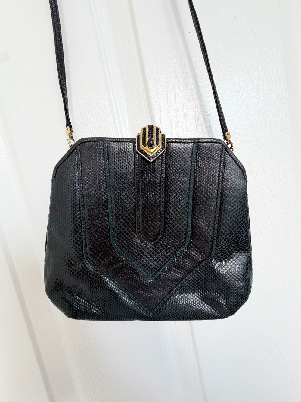 Vintage Judith Leiber Black Karung Lizard Crossbody Art Deco Jeweled Clasp 80s